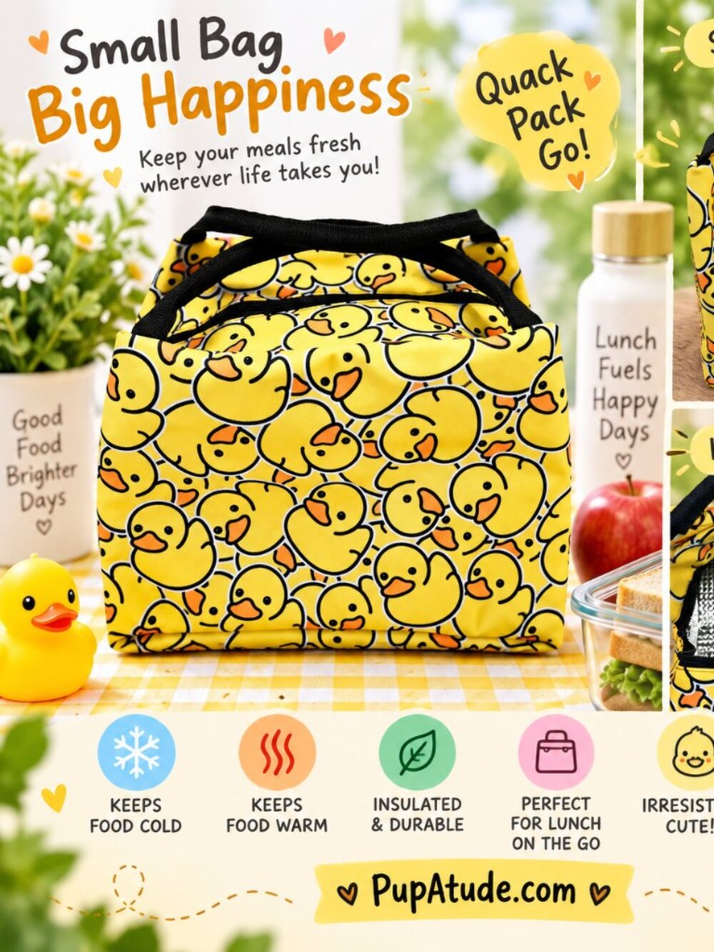 Yellow Ducks Insulated Lunch Bag With Handles & Zipper